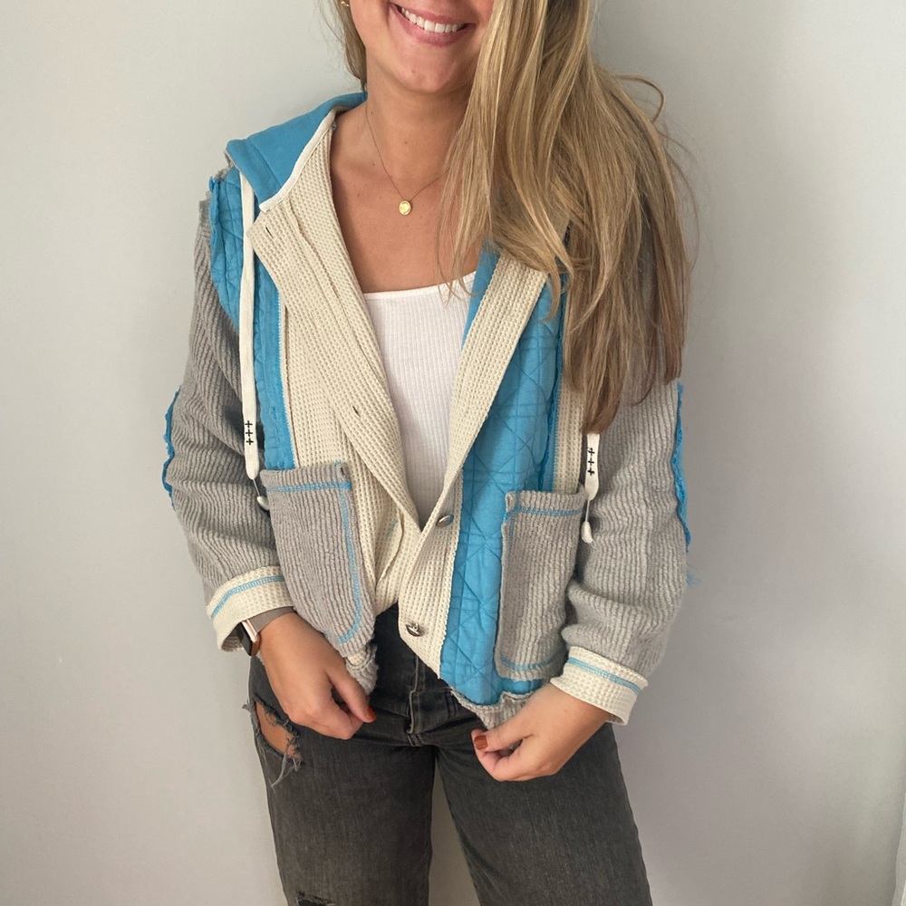 Light Blue & Cream Hooded Knit Jacket - Women